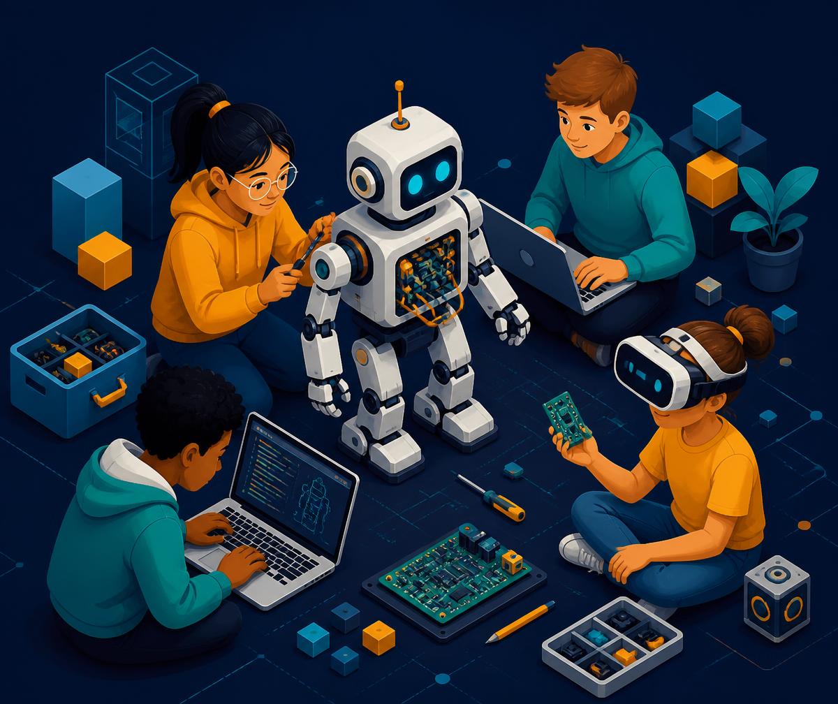 Students building a robot with laptops, circuit boards and a VR headset